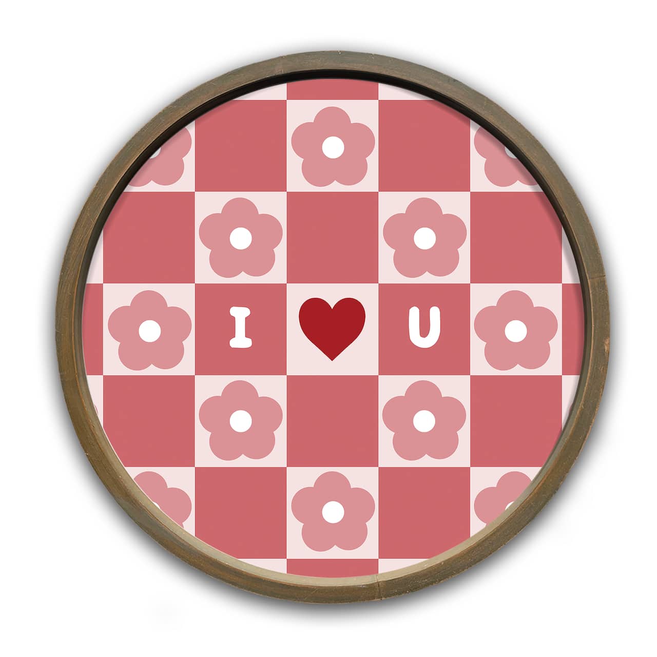 I Heart You Daisy Check Round Brown Framed Print